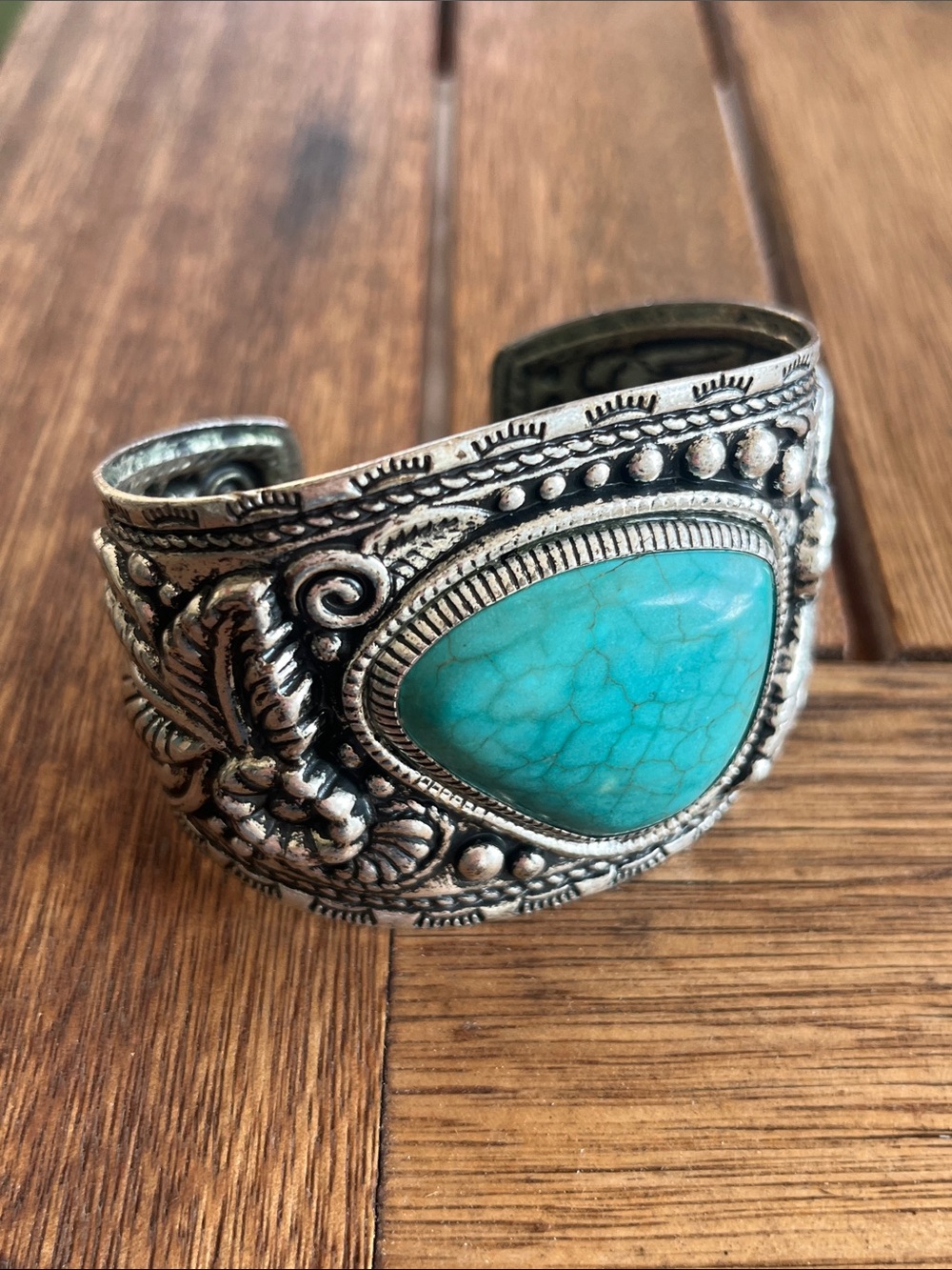 Turquoise Stone Silver-Tone Cuff Bracelet - Women Jewelry - Picture 6 of 6